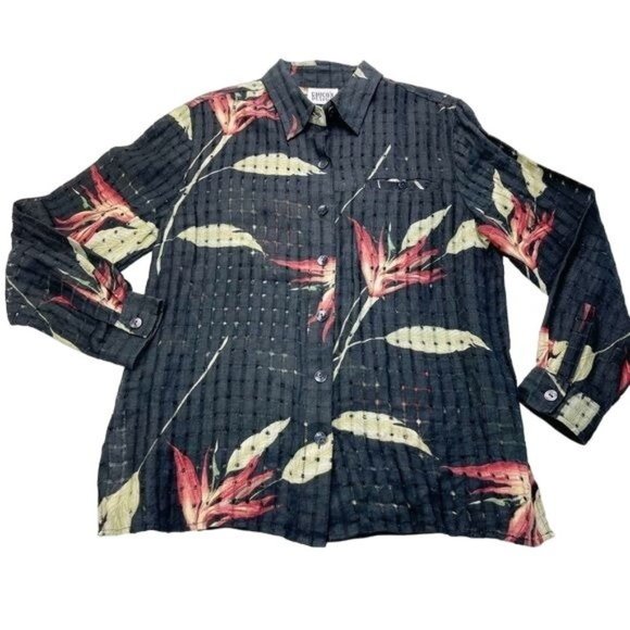 Chico's Tops - Chico's Design Black Floral Linen Long Sleeve Open Waffle Knit Shirt Size 1- M/8